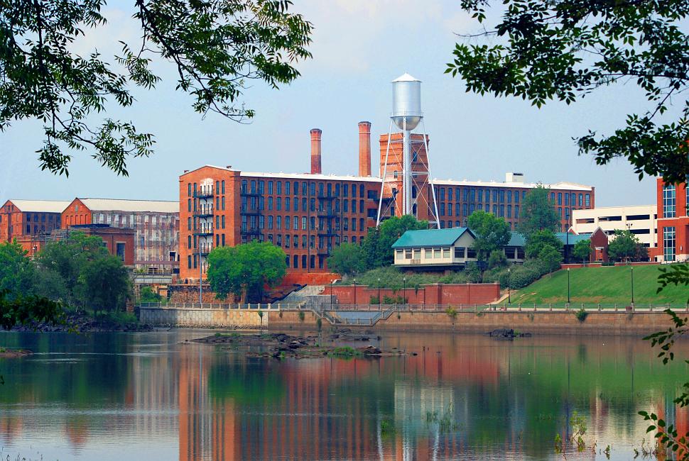 DSC_8623_b.jpg -  This image of the Eagle Phenix Mill was done for a TV commercial I was working on.   I shot it from the Alabama side of the river looking northeast.  This is one of several old factory buildings downtown that is being converted to modern use (condos and shops in this case) rather than being torn down. 